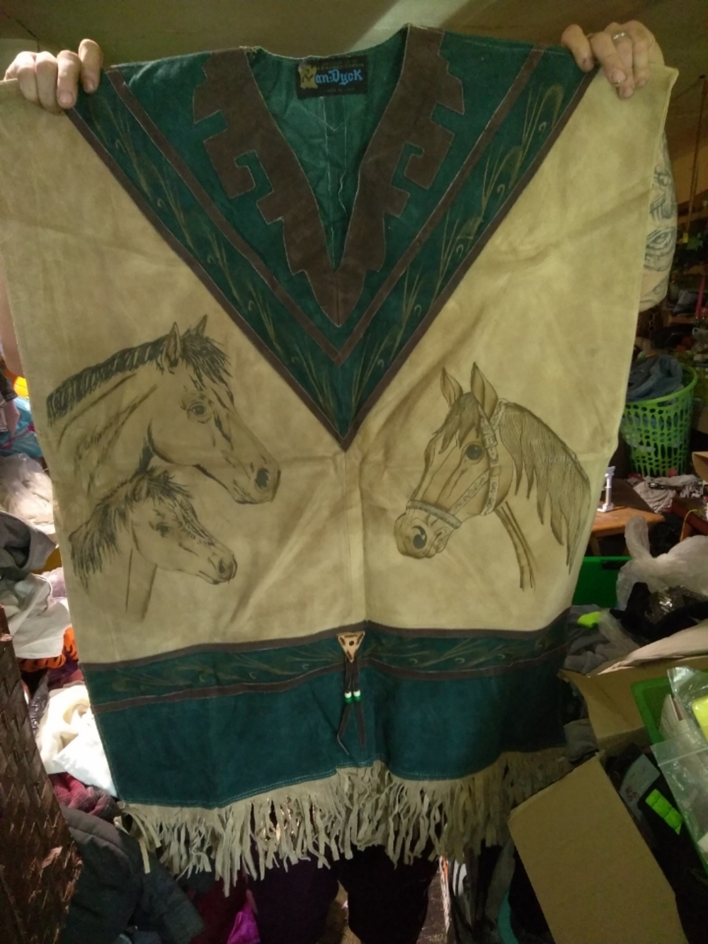 Rare Vintage Hand Etched OOAK Van Dyck Western Equestrian Leather Poncho